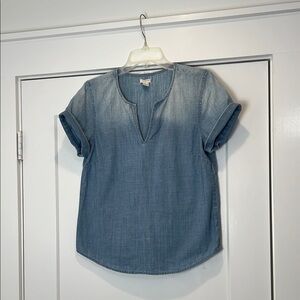 J. Crew ombré Blue 100% cotton Cuffed Sleeve Mandarin Collar Blouse size small.